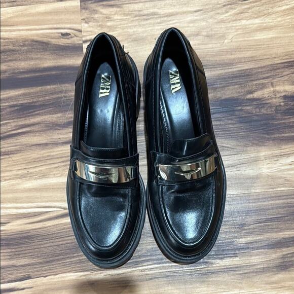 Zara Black Leather Loafers with Modern Platform Sole - Picture 1 of 4